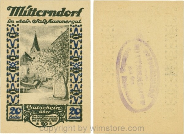 Mitterndorf, G0621IIga, 20 Heller, Wertzahl blau, ovaler Gemeindestempel mit 4 Zeilen; 1