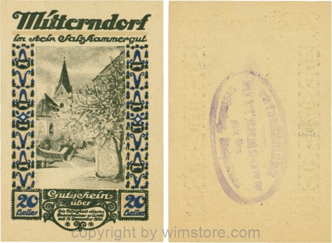 Mitterndorf, G0621IIga, 20 Heller, Wertzahl blau, ovaler Gemeindestempel mit 4 Zeilen; 1