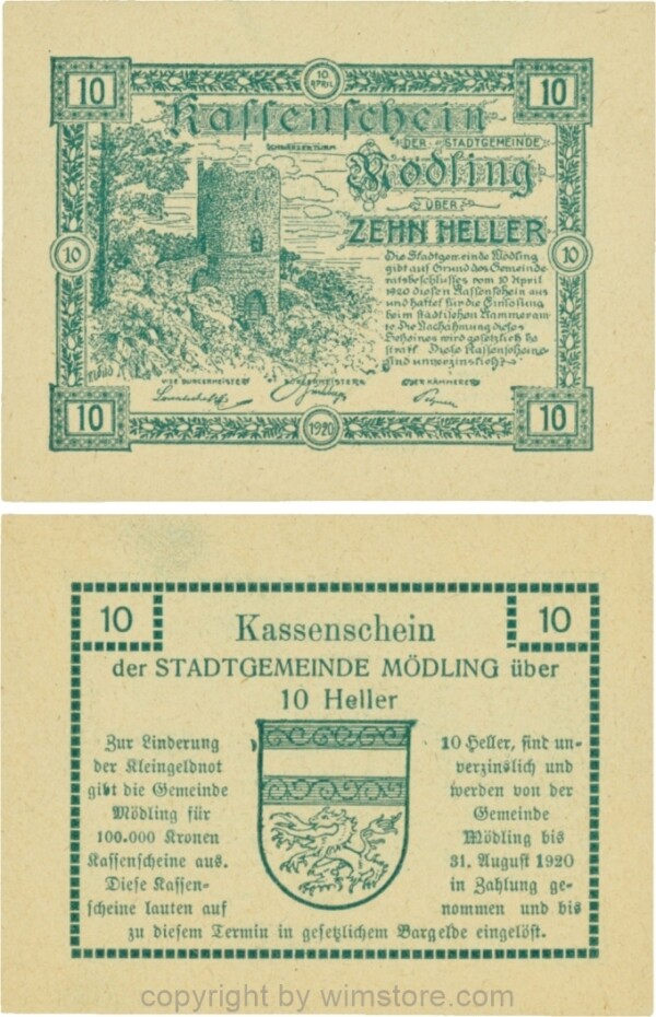 Mödling, G0623a, 10 Heller, Variante 04, bei 1920 die 1 und die 0 größer; 1-
