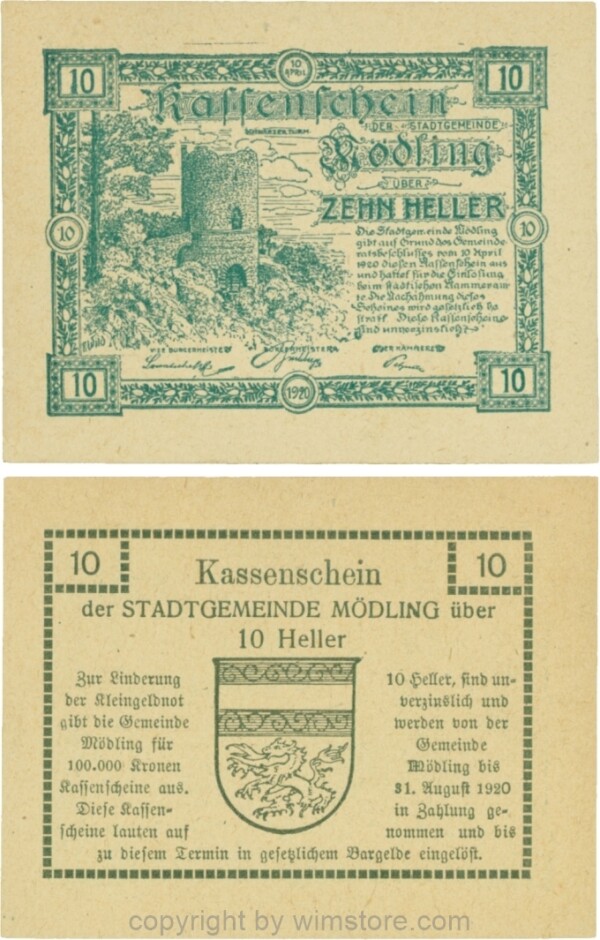 Mödling, G0623a, 10 Heller, Variante 07, bei 31 die 1 und bei 1920 die 0 größer; 1-
