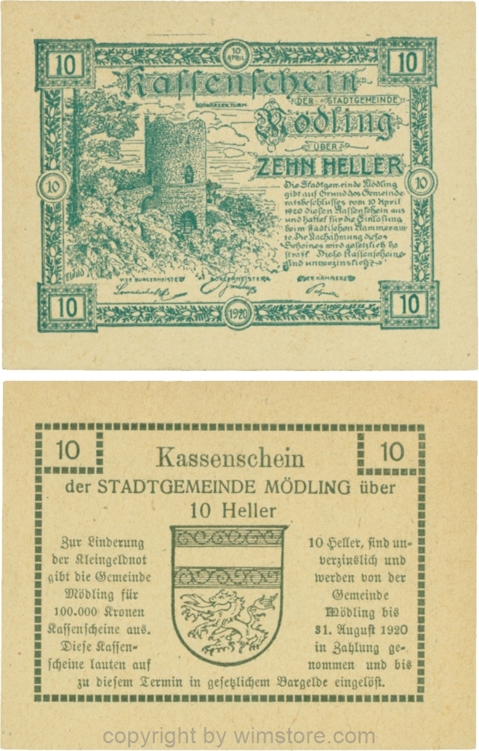 Mödling, G0623a, 10 Heller, Variante 07, bei 31 die 1 und bei 1920 die 0 größer; 1-