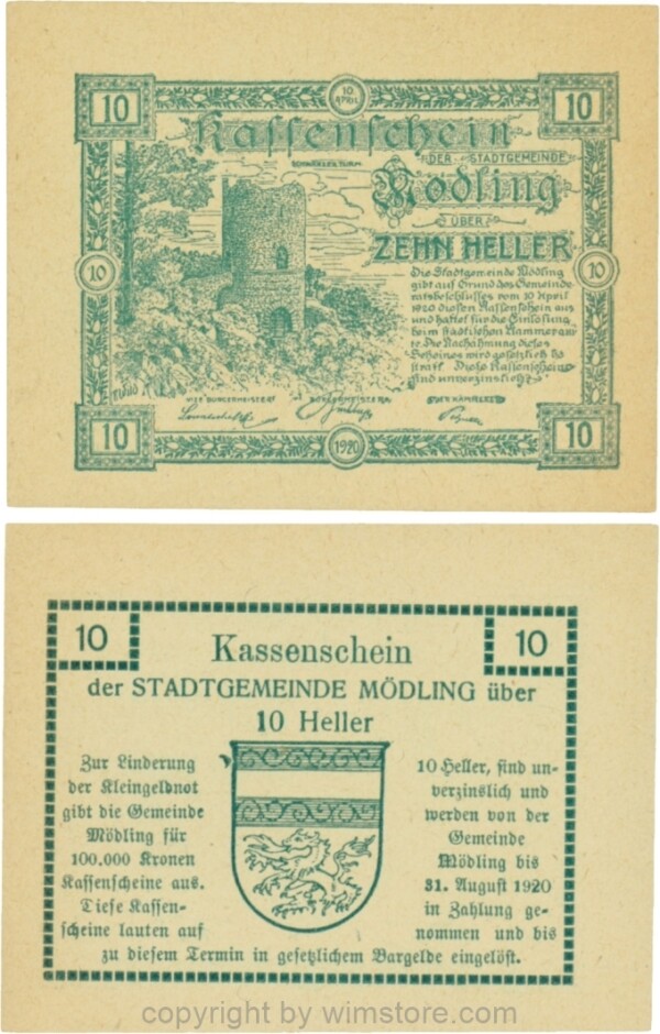 Mödling, G0623a, 10 Heller, Variante 10, bei 100.000 die erste 0 und bei 1920 die 20 größer; 1-