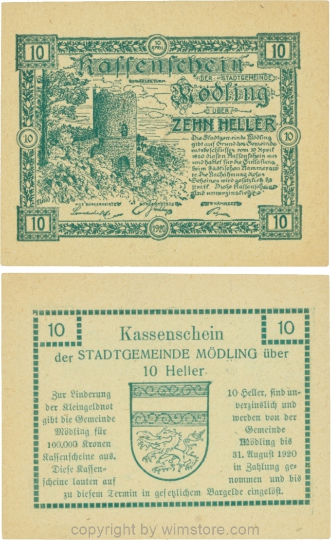 Mödling, G0623a, 10 Heller, Variante 28, bei 100.000 die zweite und dritte 0 und bei 1920 die 1 und die 0 größer; 1-