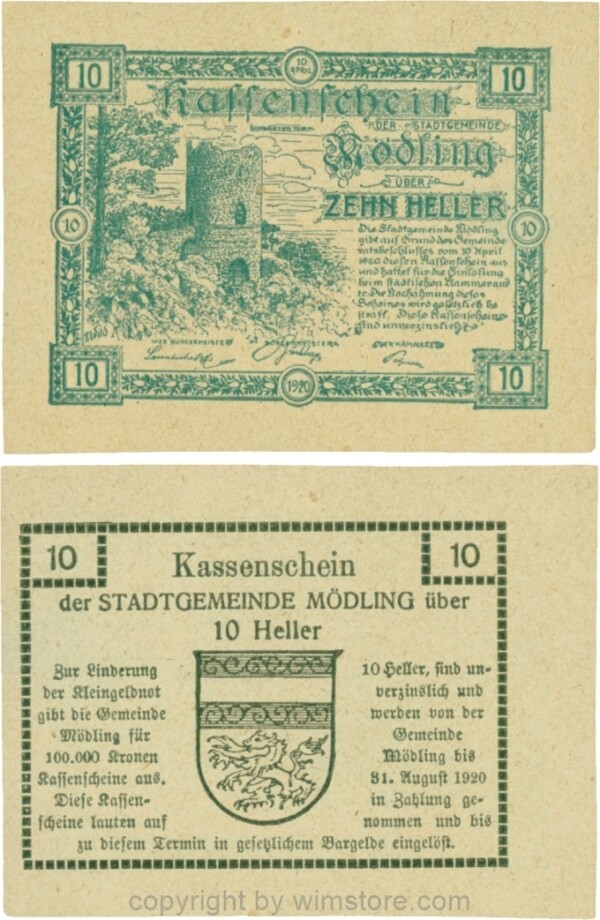 Mödling, G0623a, 10 Heller, Variante 37, bei 100.000 die vierte und fünfte 0, bei 1920 die 1 größer; 1-