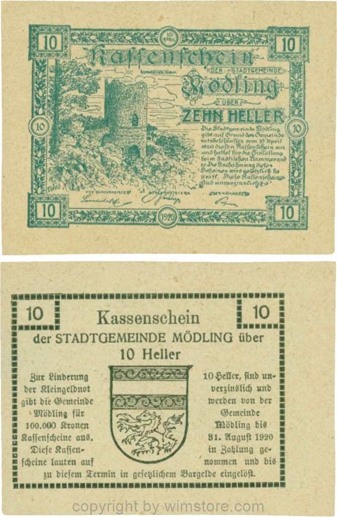 Mödling, G0623a, 10 Heller, Variante 37, bei 100.000 die vierte und fünfte 0, bei 1920 die 1 größer; 1-