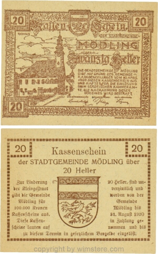 Mödling, G0623a, 20 Heller, Variante 02, bei 1920 die 0 größer; 1