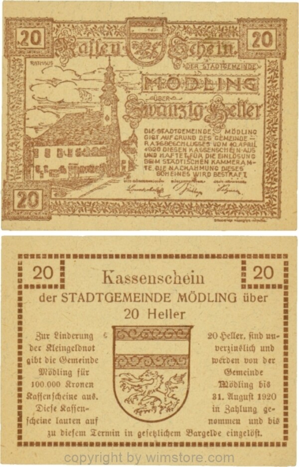 Mödling, G0623a, 20 Heller, Variante 02, bei 1920 die 0 größer; 1-
