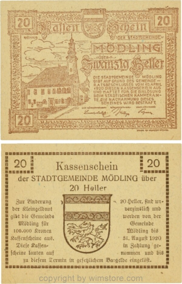Mödling, G0623a, 20 Heller, Variante 05, bei 1920 die 1 und die 0 größer; 1