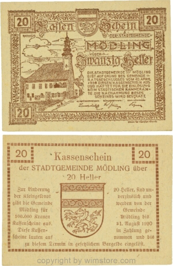 Mödling, G0623a, 20 Heller, Variante 08, bei 31 die 1 und bei 1920 die 0 größer; 1