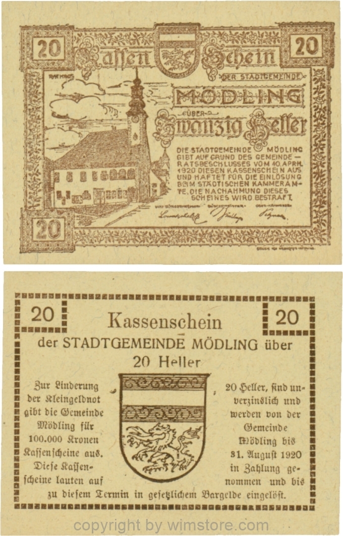 Mödling, G0623a, 20 Heller, Variante 08, bei 31 die 1 und bei 1920 die 0 größer; 1-