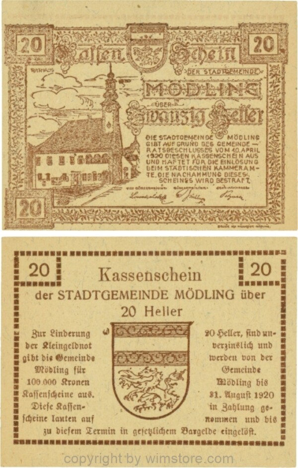 Mödling, G0623a, 20 Heller, Variante 14, bei 100.000 die erste 0, bei 1920 die 20 größer und die 2 offen; 1-