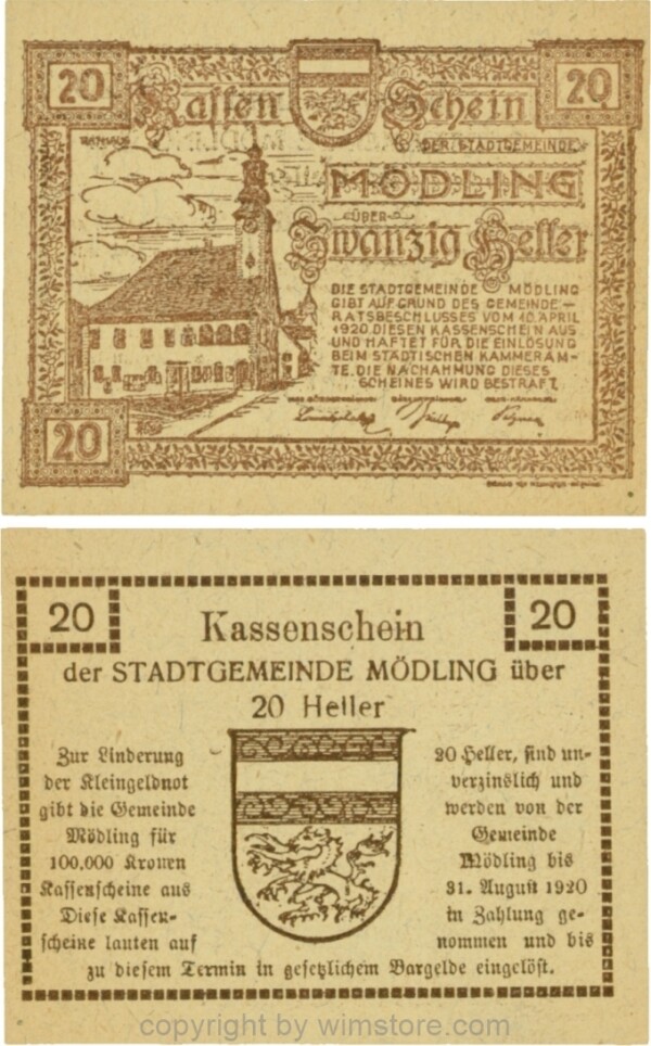 Mödling, G0623a, 20 Heller, Variante 17, bei 100.000 die erste und vierte 0 und bei 1920 die 0 größer; 1