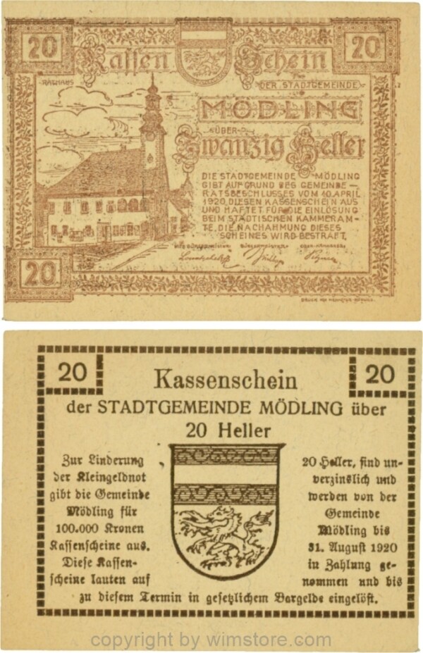 Mödling, G0623a, 20 Heller, Variante 20, bei 100.000 die erste, zweite und fünfte 0 und bei 1920 die 0 größer; 1-