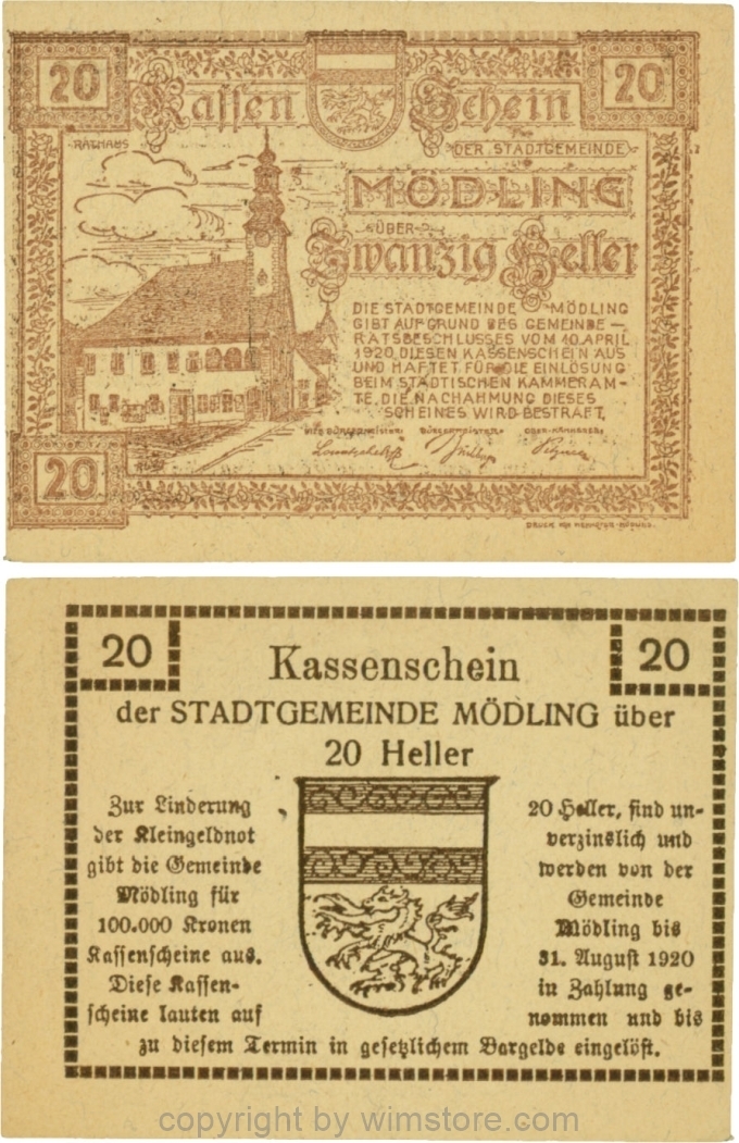 Mödling, G0623a, 20 Heller, Variante 20, bei 100.000 die erste, zweite und fünfte 0 und bei 1920 die 0 größer; 1-