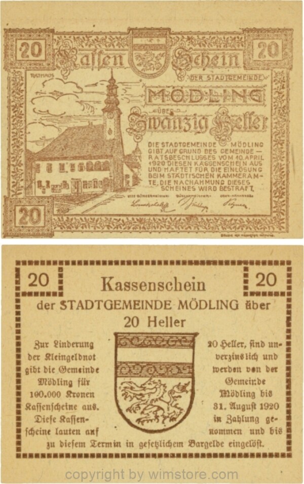Mödling, G0623a, 20 Heller, Variante 23, bei 100.000 die zweite 0 und bei 1920 die 9 und die 0 größer; 1