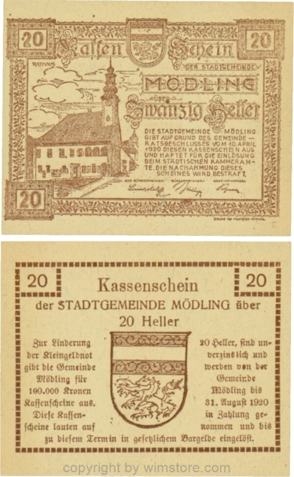 Mödling, G0623a, 20 Heller, Variante 23, bei 100.000 die zweite 0 und bei 1920 die 9 und die 0 größer; 1-