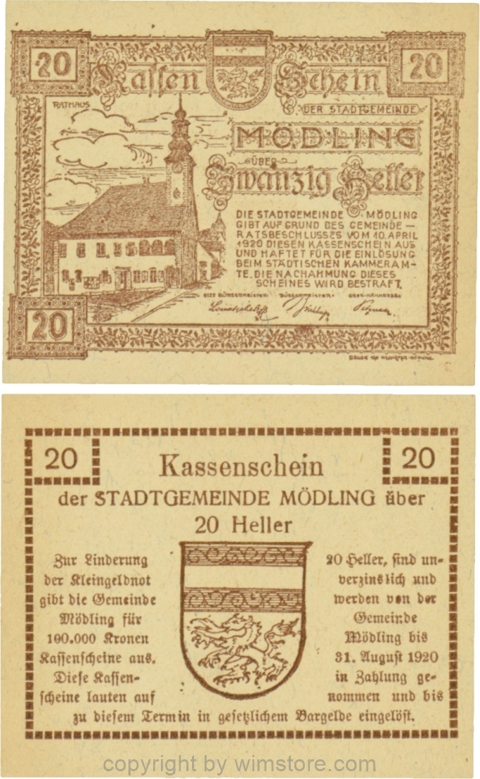 Mödling, G0623a, 20 Heller, Variante 23, bei 100.000 die zweite 0 und bei 1920 die 9 und die 0 größer; 1-