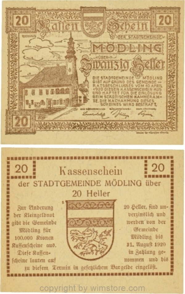 Mödling, G0623a, 20 Heller, Variante 26, bei 100.000 die zweite 0, bei 31 die 1 größer, 1920 gleichgroß; 1
