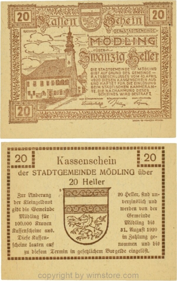 Mödling, G0623a, 20 Heller, Variante 26, bei 100.000 die zweite 0, bei 31 die 1 größer, 1920 gleichgroß; 1-