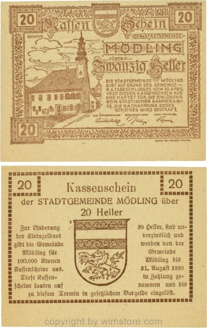 Mödling, G0623a, 20 Heller, Variante 26, bei 100.000 die zweite 0, bei 31 die 1 größer, 1920 gleichgroß; 1-