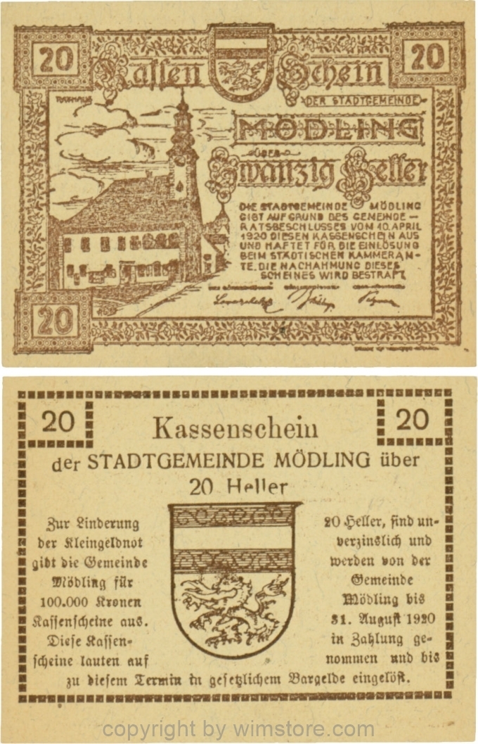 Mödling, G0623a, 20 Heller, Variante 29, bei 100.000 die zweite und dritte 0 und bei 1920 die 1 und die 0 größer; 1-