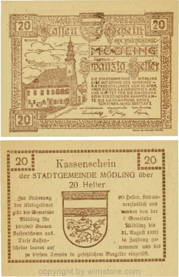 Mödling, G0623a, 20 Heller, Variante 32, bei 100.000 die zweite, dritte und fünfte 0, bei 31 die 1 und bei 1920 die 0 größer; 1-