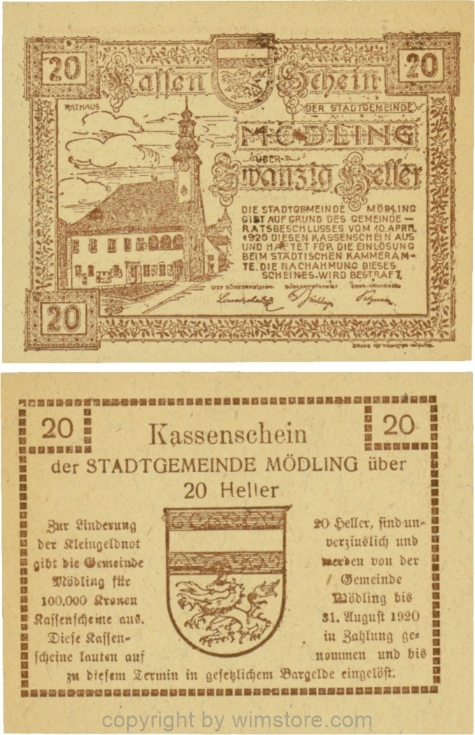 Mödling, G0623a, 20 Heller, Variante 32, bei 100.000 die zweite, dritte und fünfte 0, bei 31 die 1 und bei 1920 die 0 größer; 1-