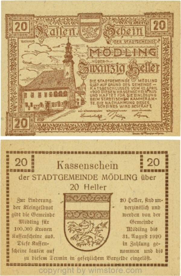 Mödling, G0623a, 20 Heller, Variante 35, bei 100.000 die zweite, dritte und fünfte 0, bei 1920 die 0 größer, 31 gleichgroß; 1