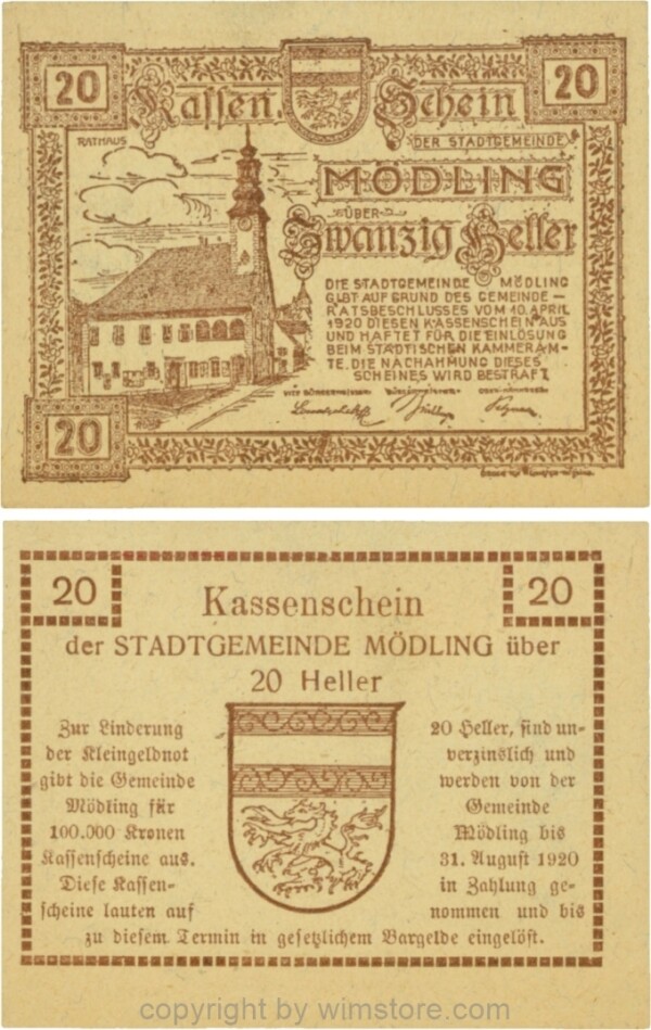 Mödling, G0623a, 20 Heller, Variante 35, bei 100.000 die zweite, dritte und fünfte 0, bei 1920 die 0 größer, 31 gleichgroß; 1-