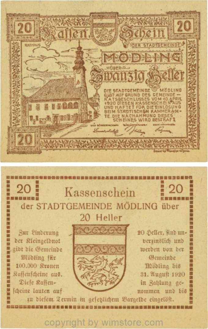 Mödling, G0623a, 20 Heller, Variante 35, bei 100.000 die zweite, dritte und fünfte 0, bei 1920 die 0 größer, 31 gleichgroß; 1-