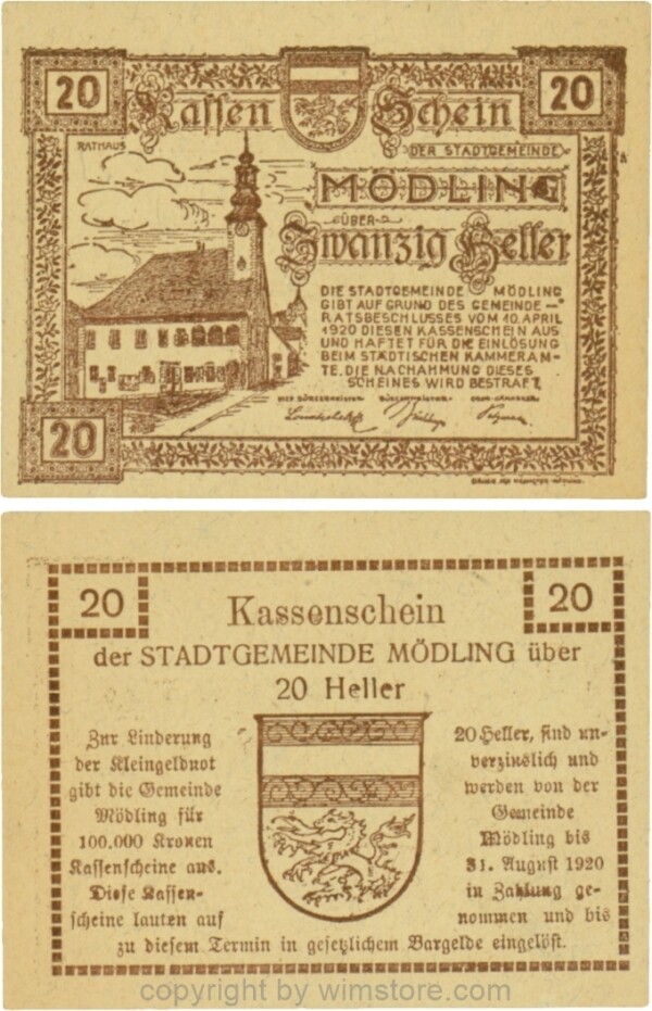 Mödling, G0623a, 20 Heller, Variante 38, bei 100.000 die vierte und fünfte 0, bei 1920 die 1 größer; 1-