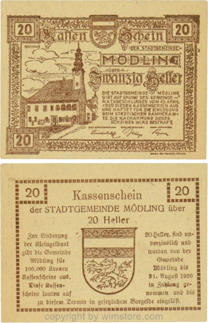 Mödling, G0623a, 20 Heller, Variante 38, bei 100.000 die vierte und fünfte 0, bei 1920 die 1 größer; 1-
