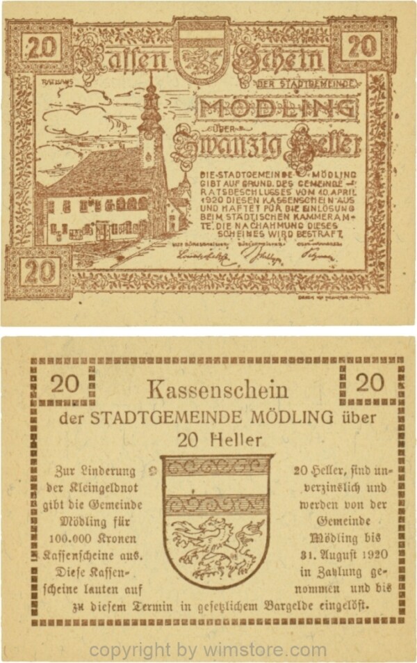 Mödling, G0623a, 20 Heller, Variante 41, bei 100.000 die fünfte 0, bei 31 die 3 größer, und bei 1920 die 1 kleiner und die 0 größer; 1