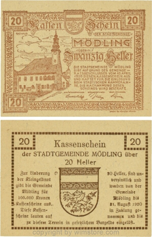 Mödling, G0623a, 20 Heller, Variante 41, bei 100.000 die fünfte 0, bei 31 die 3 größer, und bei 1920 die 1 kleiner und die 0 größer; 1-