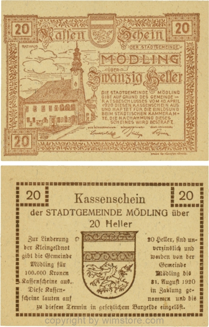 Mödling, G0623a, 20 Heller, Variante 41, bei 100.000 die fünfte 0, bei 31 die 3 größer, und bei 1920 die 1 kleiner und die 0 größer; 1-