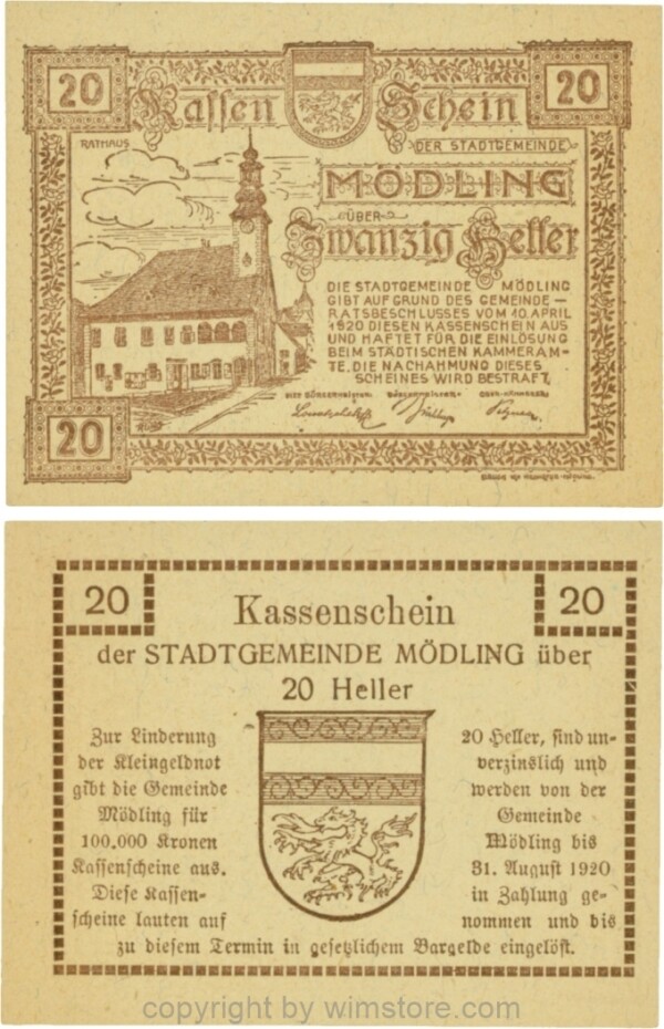 Mödling, G0623a, 20 Heller, Variante 44, bei 100.000 die fünfte 0, bei 31 die 3 größer und bei 1920 die 0 größer; 1