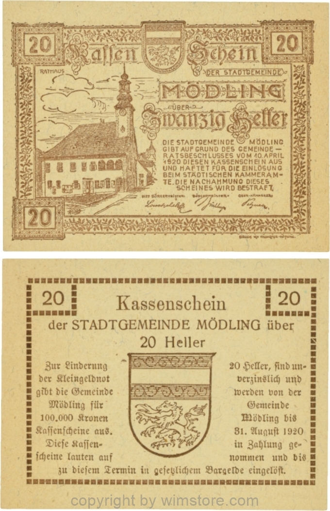 Mödling, G0623a, 20 Heller, Variante 44, bei 100.000 die fünfte 0, bei 31 die 3 größer und bei 1920 die 0 größer; 1