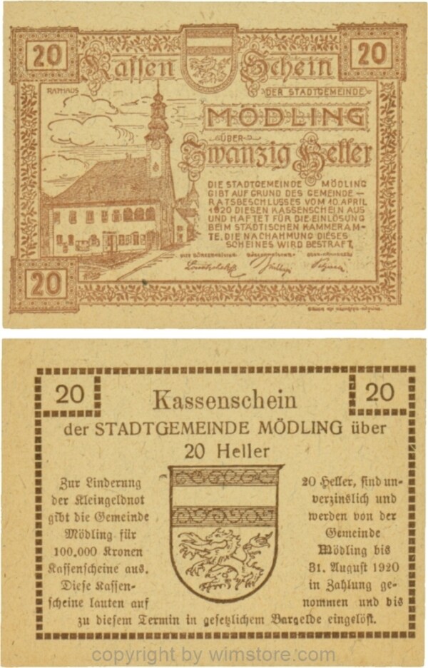 Mödling, G0623a, 20 Heller, Variante 44, bei 100.000 die fünfte 0, bei 31 die 3 größer und bei 1920 die 0 größer; 1-