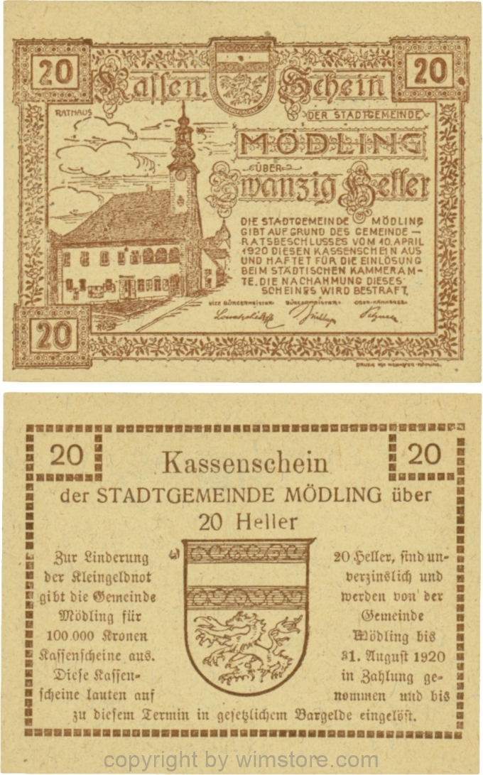 Mödling, G0623a, 20 Heller, Variante xx - nicht publiziert, bei 100.000 die zweite 0, bei 31 die 1 größer und bei 1920 die 20 größer; 1
