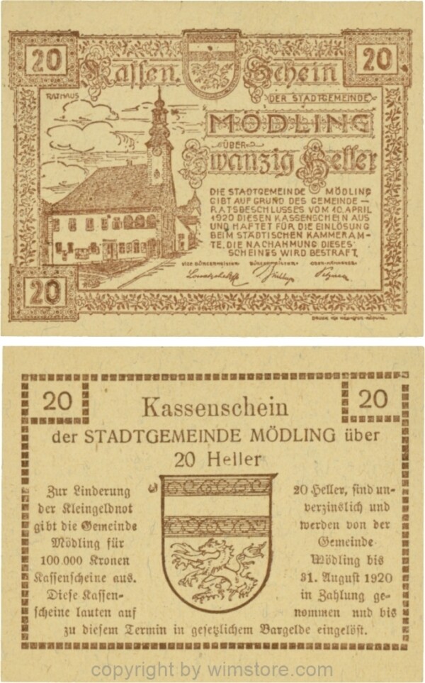 Mödling, G0623a, 20 Heller, Variante xx - nicht publiziert, bei 100.000 die zweite 0, bei 31 die 1 größer und bei 1920 die 20 größer; 1-