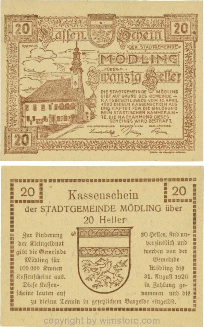 Mödling, G0623a, 20 Heller, Variante xx - nicht publiziert, bei 100.000 die zweite 0, bei 31 die 1 größer und bei 1920 die 20 größer; 1-