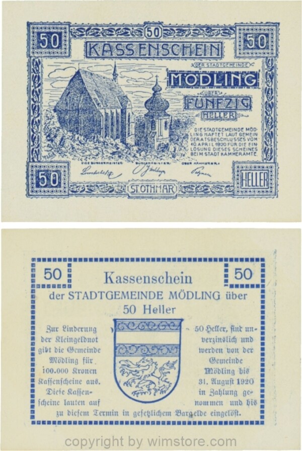 Mödling, G0623a, 50 Heller, Variante 06, bei 1920 die 1 und die 0 größer; 1-