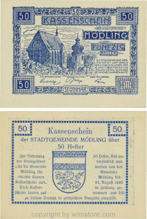Mödling, G0623a, 50 Heller, Variante 09, bei 31 die 1 und bei 1920 die 0 größer; 1-
