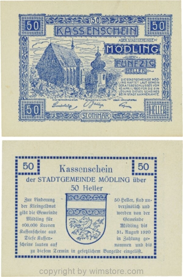 Mödling, G0623a, 50 Heller, Variante 17, bei 100.000 die erste und vierte 0 und bei 1920 die 0 größer; 1-