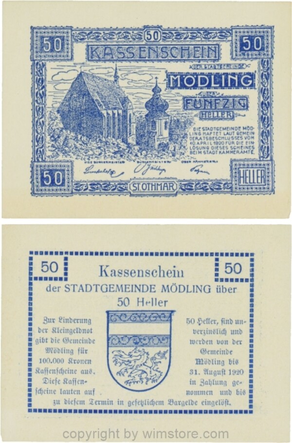 Mödling, G0623a, 50 Heller, Variante 29, bei 100.000 die zweite und dritte 0 und bei 1920 die 1 und die 0 größer; 1-