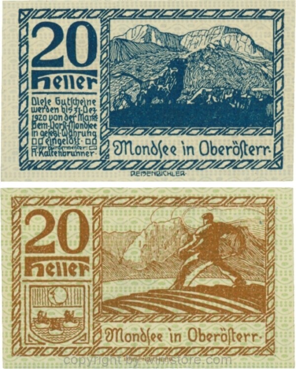 Mondsee, G0626a, 20 Heller, Vorderseite Unterdruck blau, Druck blau; 1