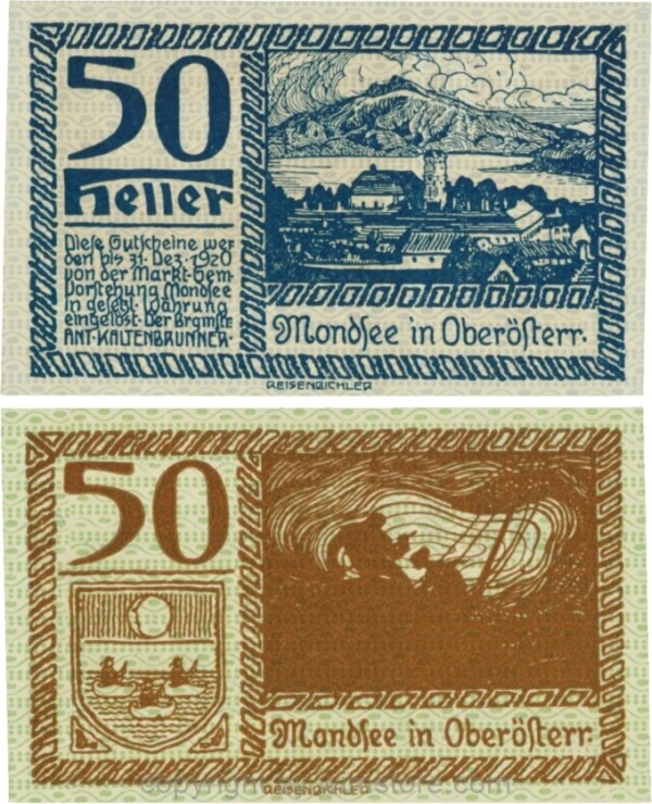 Mondsee, G0626a, 50 Heller, Vorderseite Unterdruck blau, Druck blau; 1