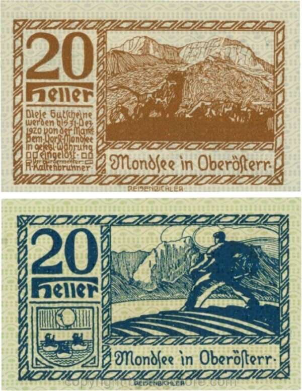 Mondsee, G0626b, 20 Heller, Vorderseite Unterdruck blau, Druck braun; 1