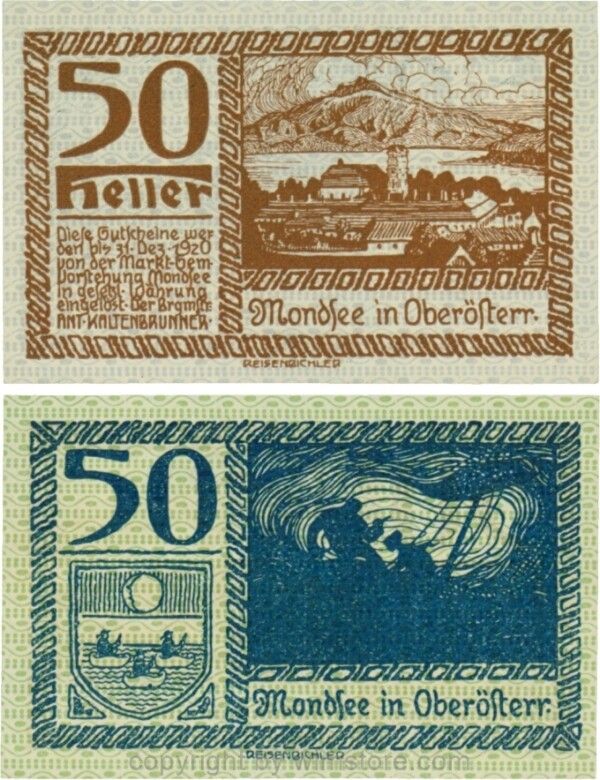 Mondsee, G0626b, 50 Heller, Vorderseite Unterdruck blau, Druck braun; 1