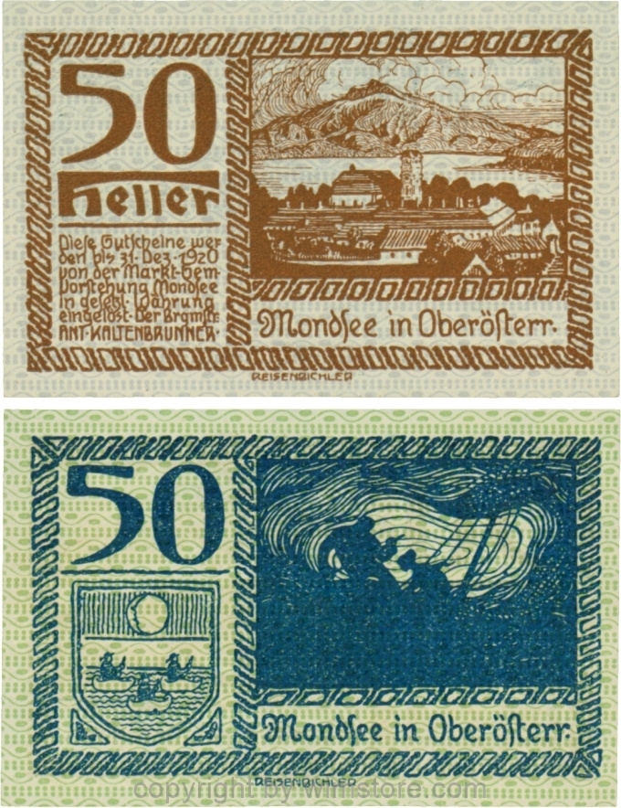 sn109429 Mondsee, G0626b, 50 Heller, Vorderseite Unterdruck blau, Druck braun; 1
